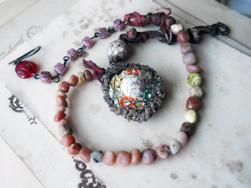 Beaded Necklace - Assemblage Pendant- Lepidolite, Glass, Faceted Polymer Clay, Leather - Rustic Assemblage Necklace