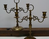 Two Antique Candlestick holders Brass Double holder candelabra Marked