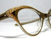 Vintage 60s Cat Eye Glasses. New Old Stock Brown Smoke CatEye with Rhinestones - CollectableSpectacle