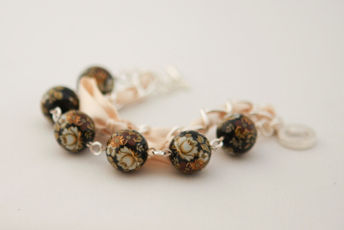 Light Blue Flowers and Beige Satin Ribbon Bracelet