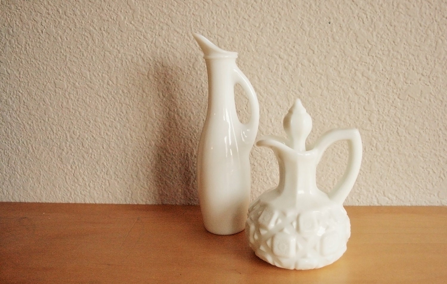 Vintage Milk Glass Vases or Cruets - Set of Two