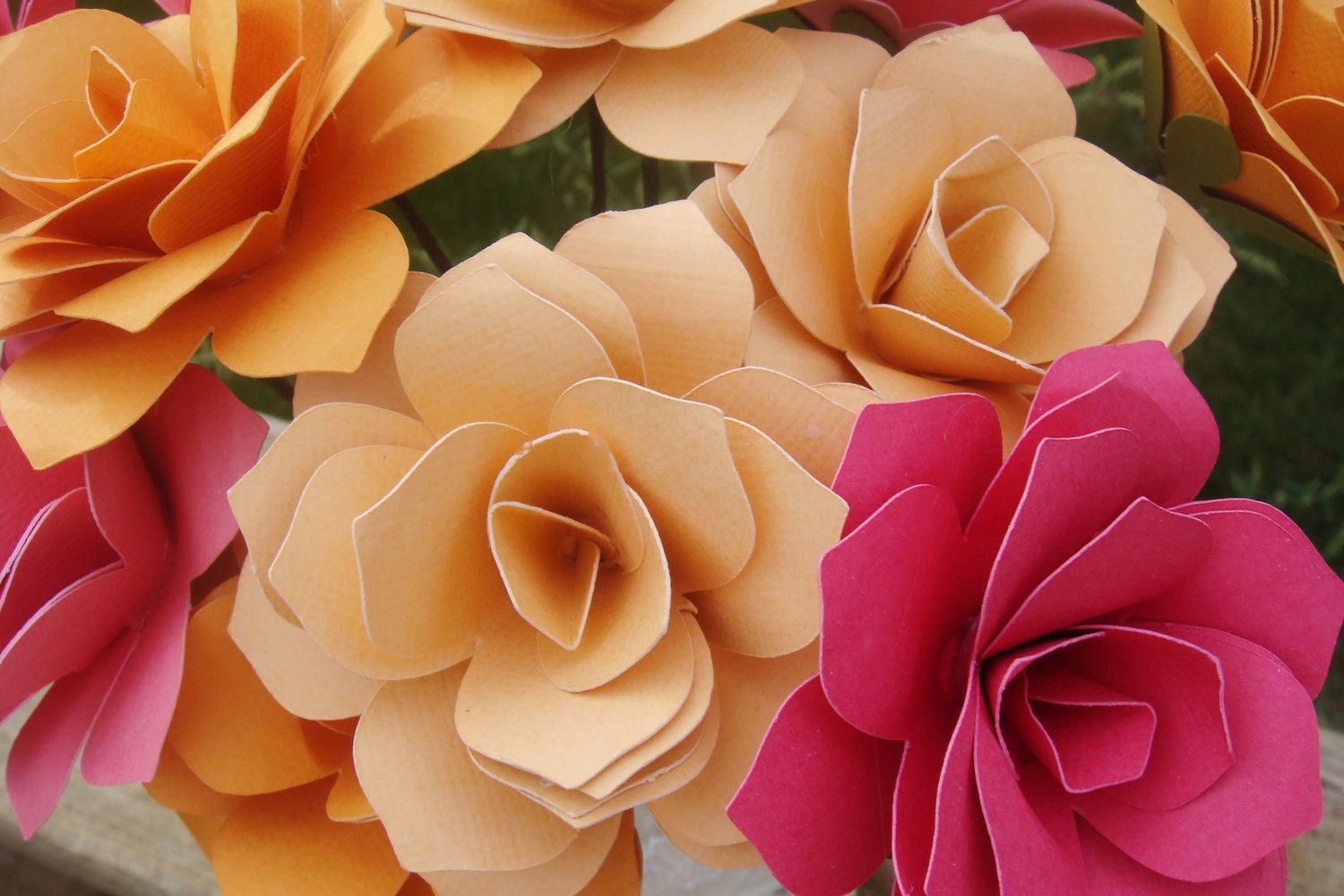 Paper Roses On stems with leaves  You Pick the colors  qty 24 for weddings showers home decor