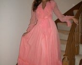 Vintage 70s Prom Maxi Gown / Boho Peach Princess Dress