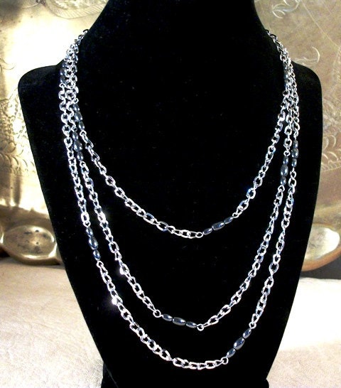 Extra Long Silver Chain Hematite Beaded Necklace