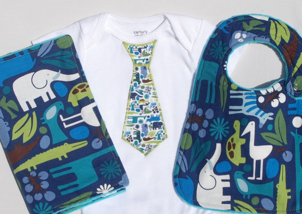 Hello Little One Baby Boy Gift Set - Necktie Onesie, Teal Blue Minky Bib and Burp Cloth in Navy 2D Zoo - Ready to Ship