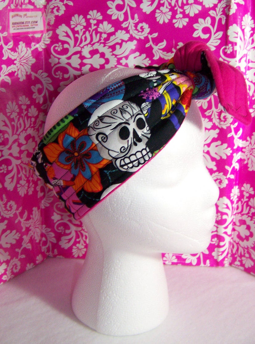 Day of the Dead - Headband - Sugar Skull - Rosie the Riveter - Hot pink - Tie back - 4 inches Wide
