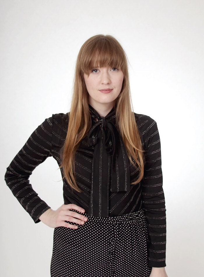 Vintage 1970s Black and Metalic chevron striped ascot blouse - size small/medium