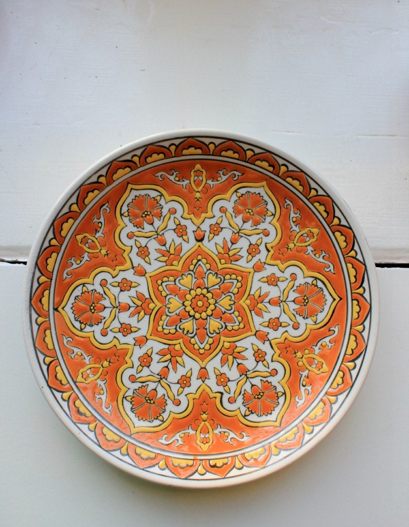 Grecian Sunrise - Vintage Glazed Ceramic Mandala Plate in Yellow and Orange