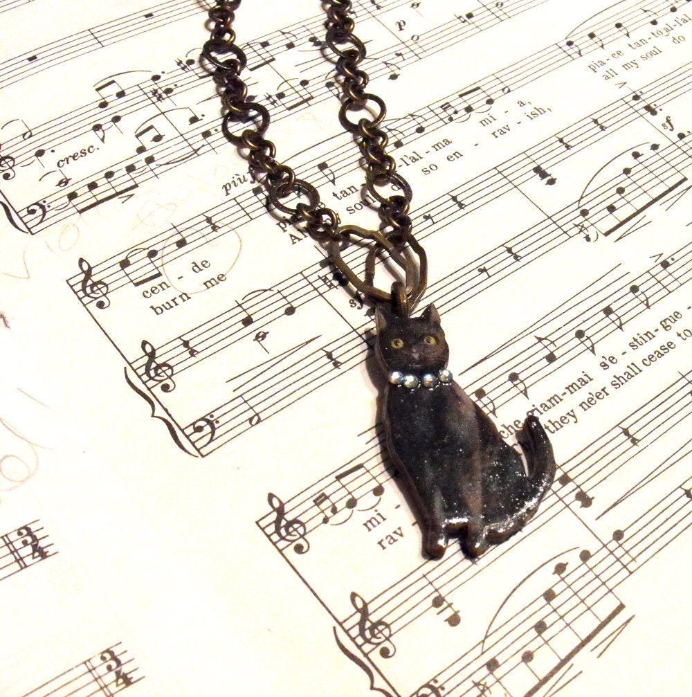 Reserved for Diane - Black Cat with Rhinestone Collar on Antiqued Brass Necklace - Womens Jewelry, Brass Chain, Cats, Gifts for Cat lovers