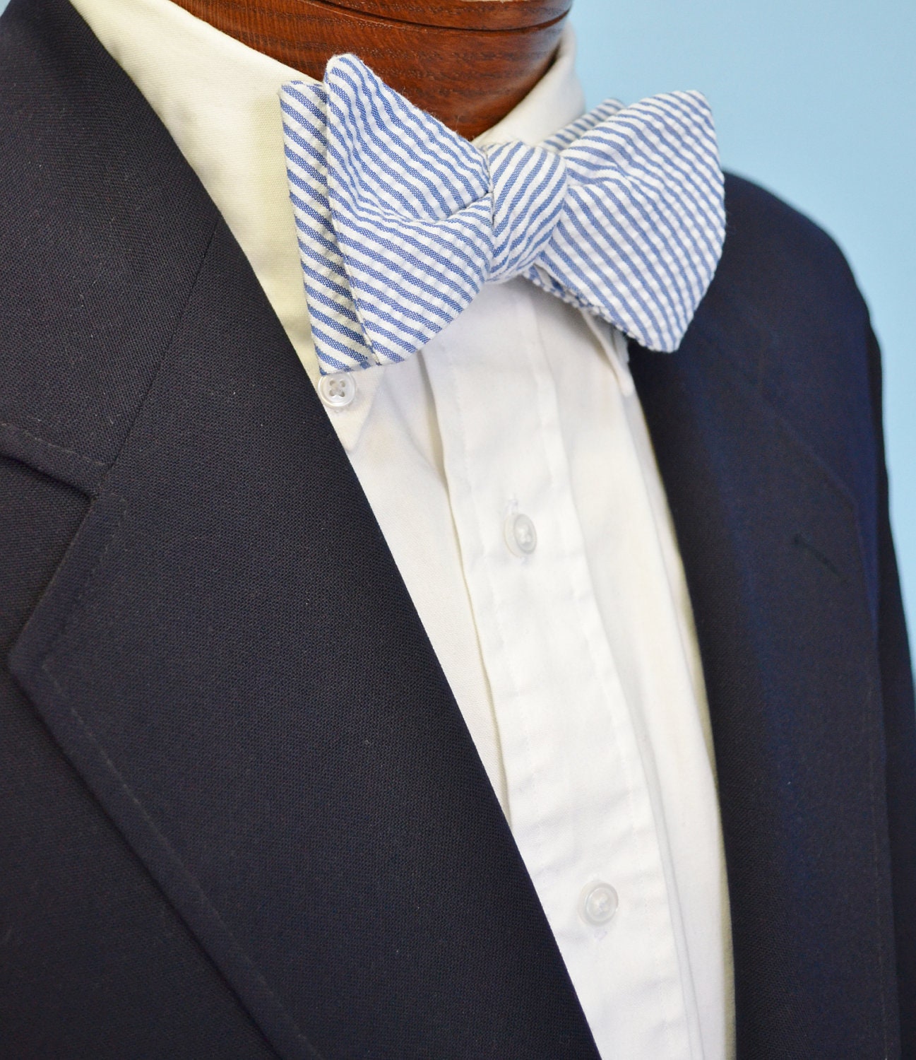 Blue and White Seersucker Bow Tie