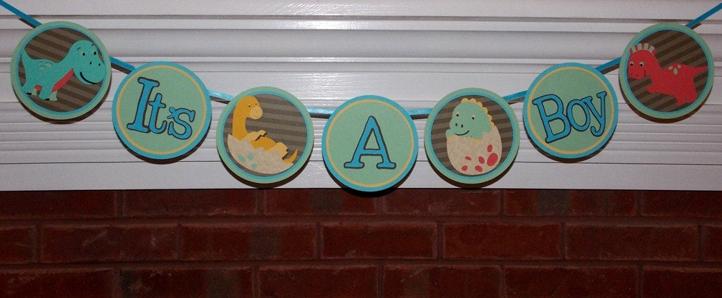 Dinosaur It's A Boy Baby Shower Banner ...MADE TO ORDER ... Yellow Blue Green Brown ... Dinomite ... adjustable Il_570xn