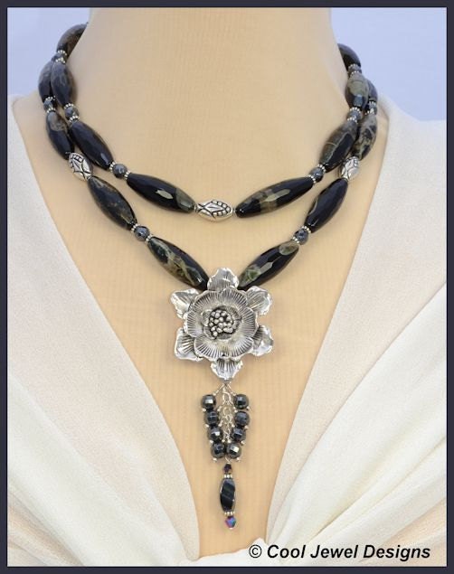 Faceted Black  Double Strand Chunky Statement Necklace With Large Flower Pendant