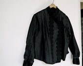 Antique Victorian Edwardian black raw silk disheveled blouse with side front opening oriental style lace edging