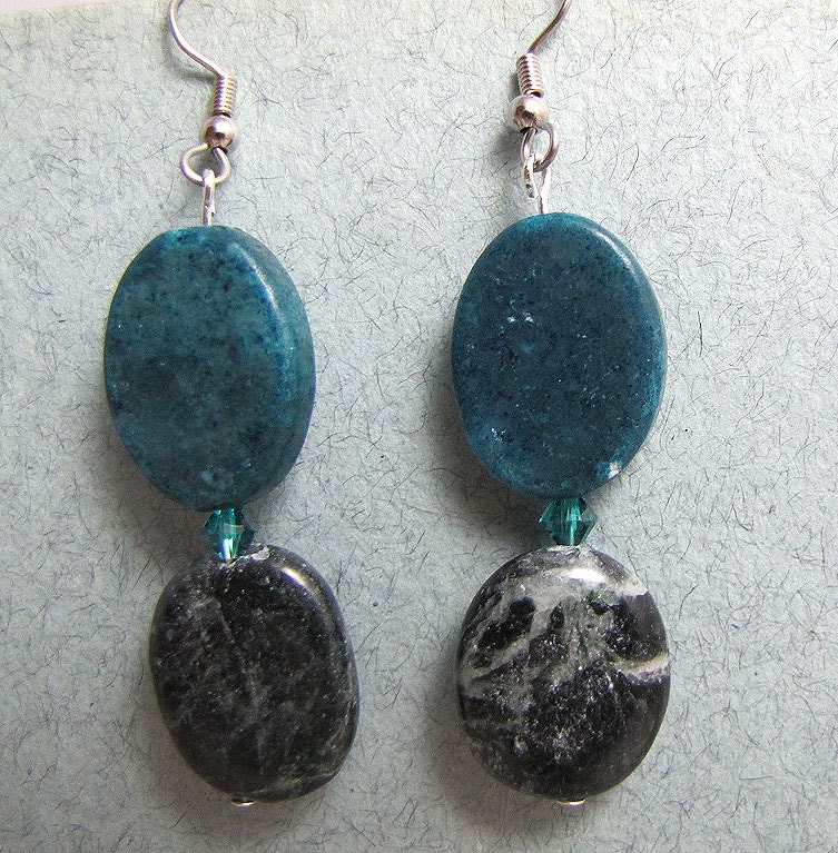 Thumbprint earrings: labradorite, blue marble, swarovski crystal (free US shipping)