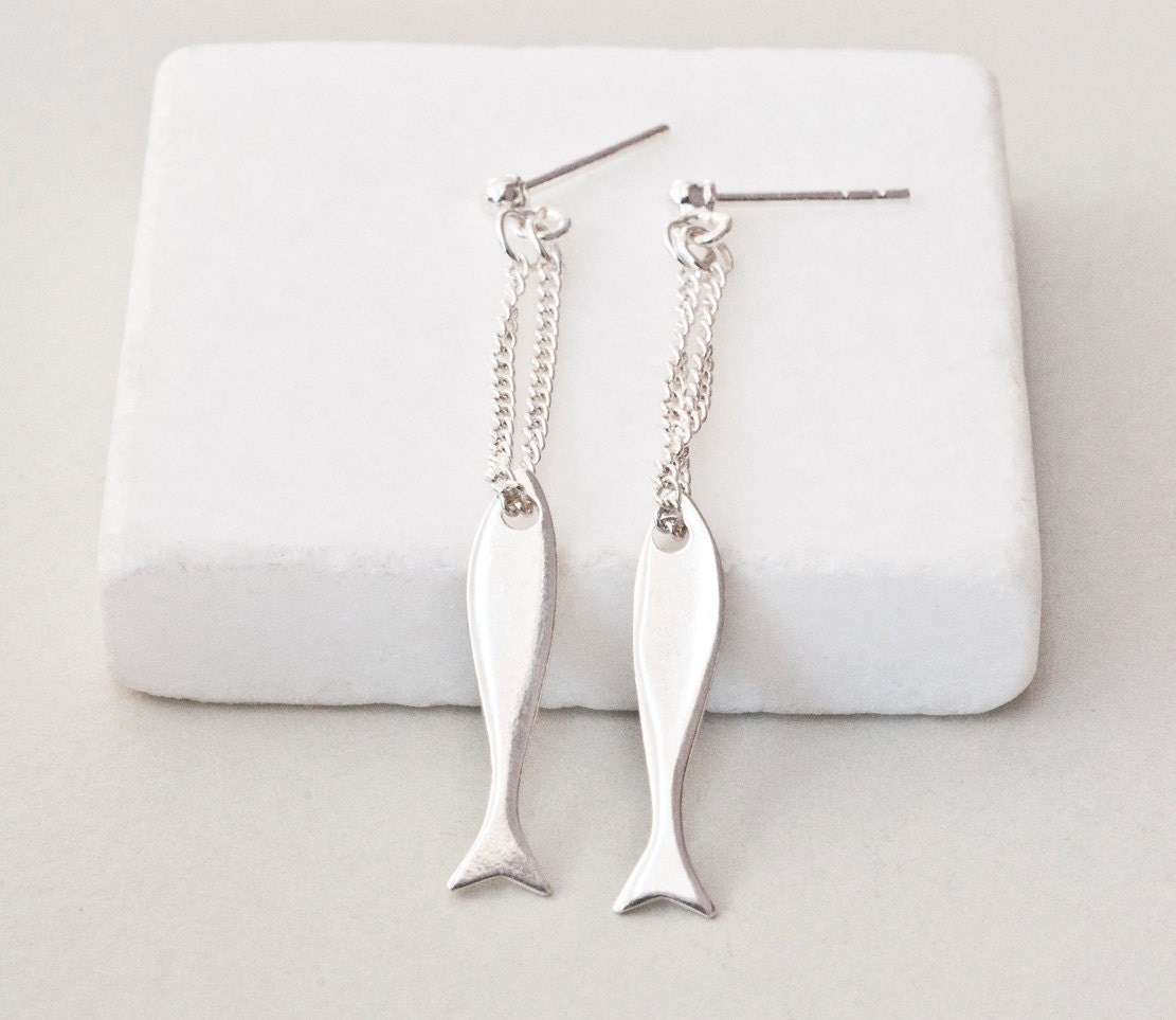Earrings - Sterling Silver Fish on Chain Earrings