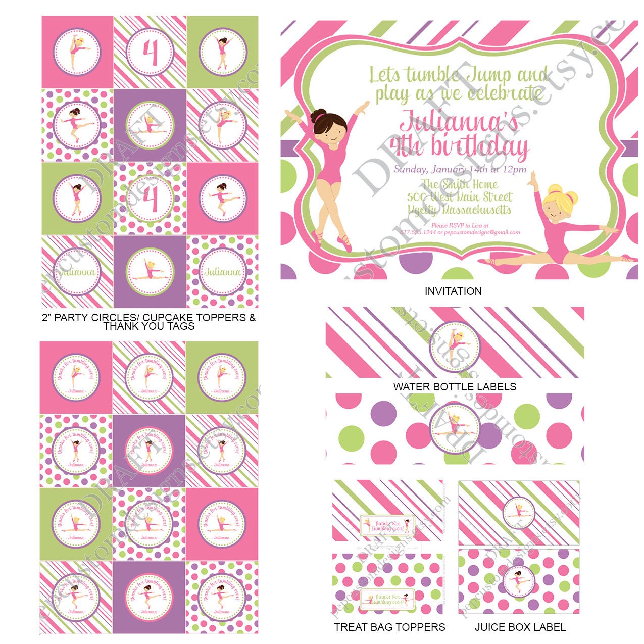 DIY -  Printable: Little Gymnast Birthday Party Set -  14 items (invitation, party circles, water bottle labels, banner and more)