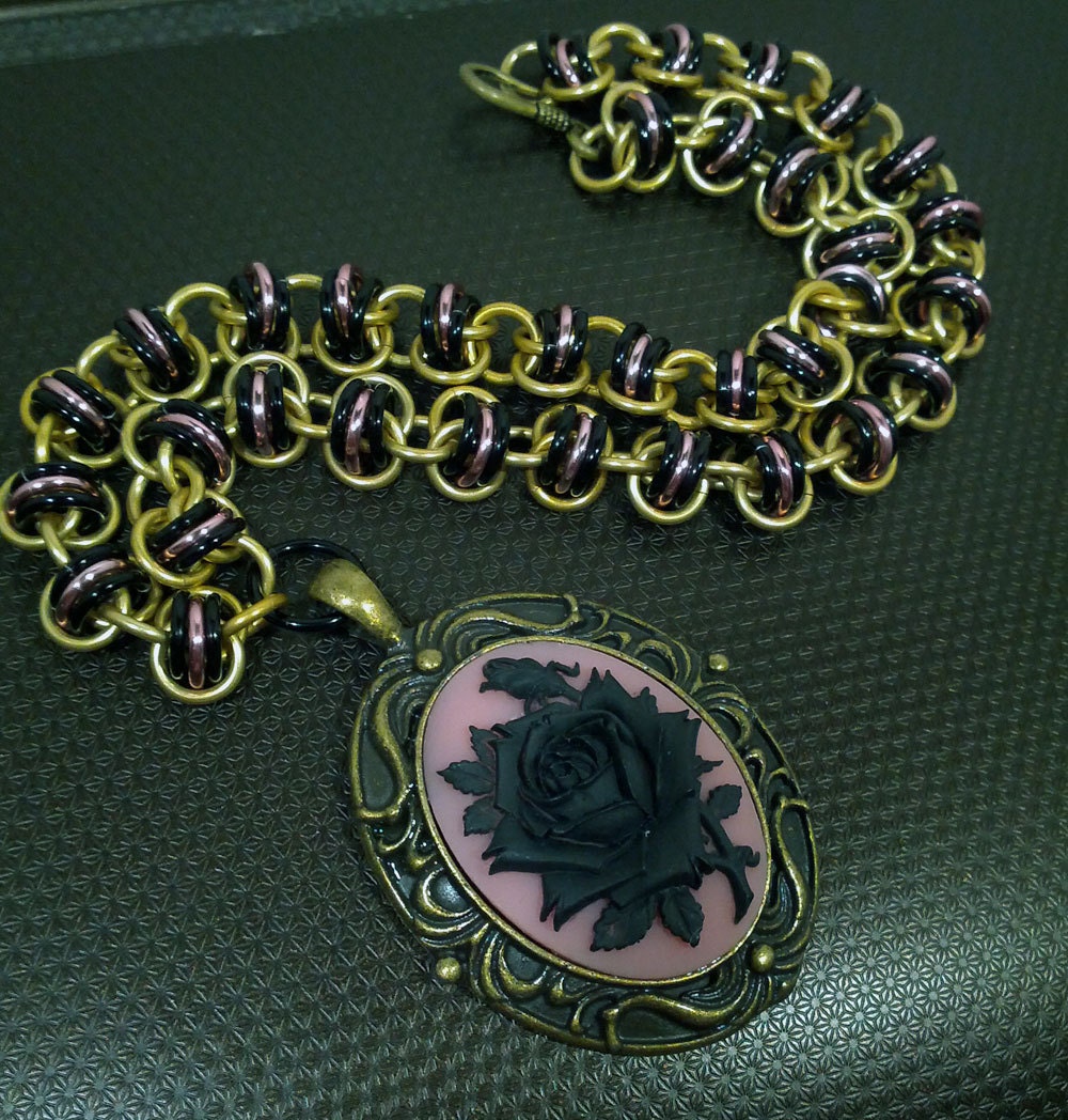 Black Rose Cameo Chainmaille Necklace