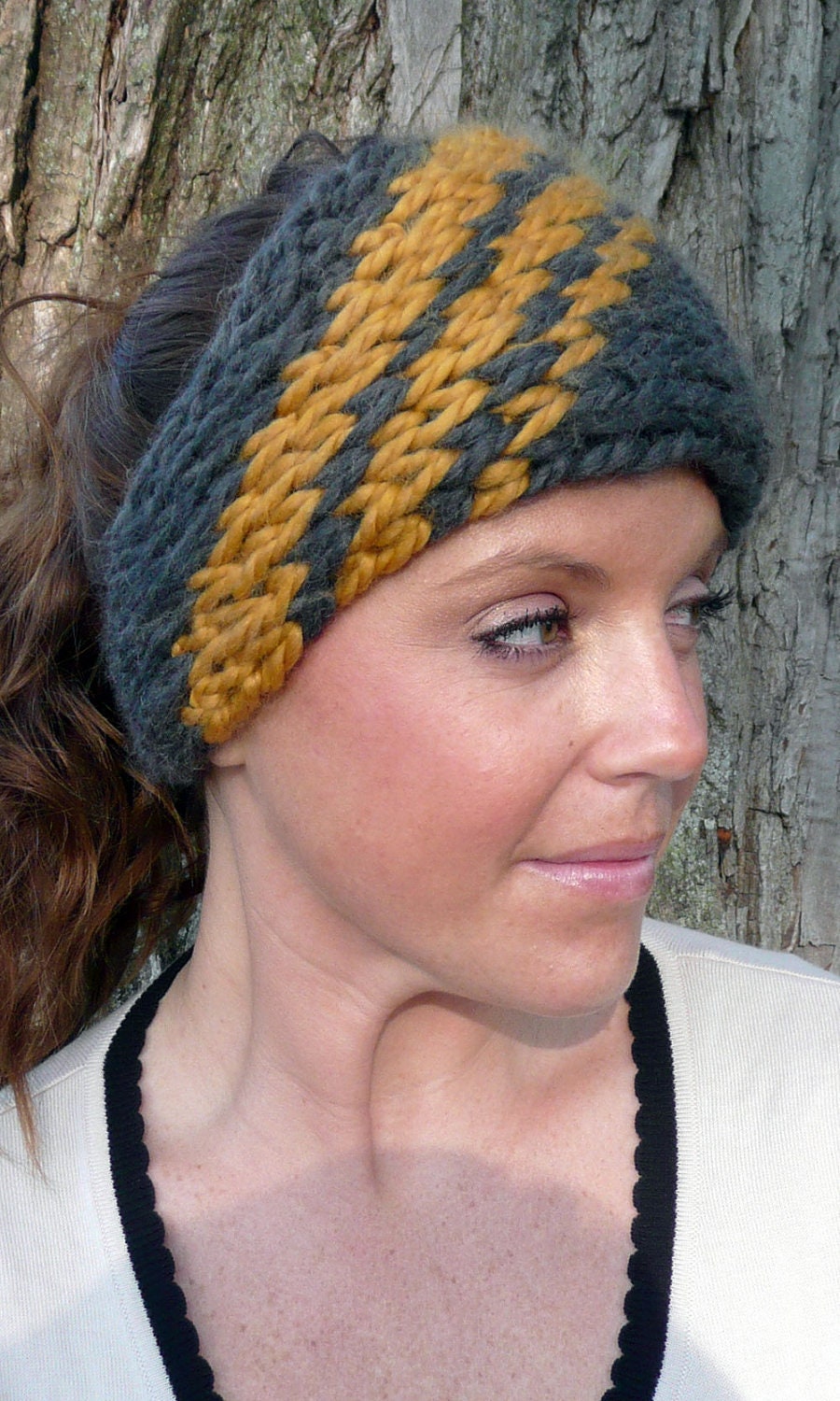 Knit Head Wrap - Choose Your Colors - MEGA Ear Warmer Headband - Diagonal Stripes - One Size Fits Most