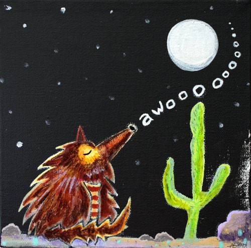 Original Painting - Acrylic Paint - 6x6 canvas - Howling Coyote At The Moon In Desert on Etsy