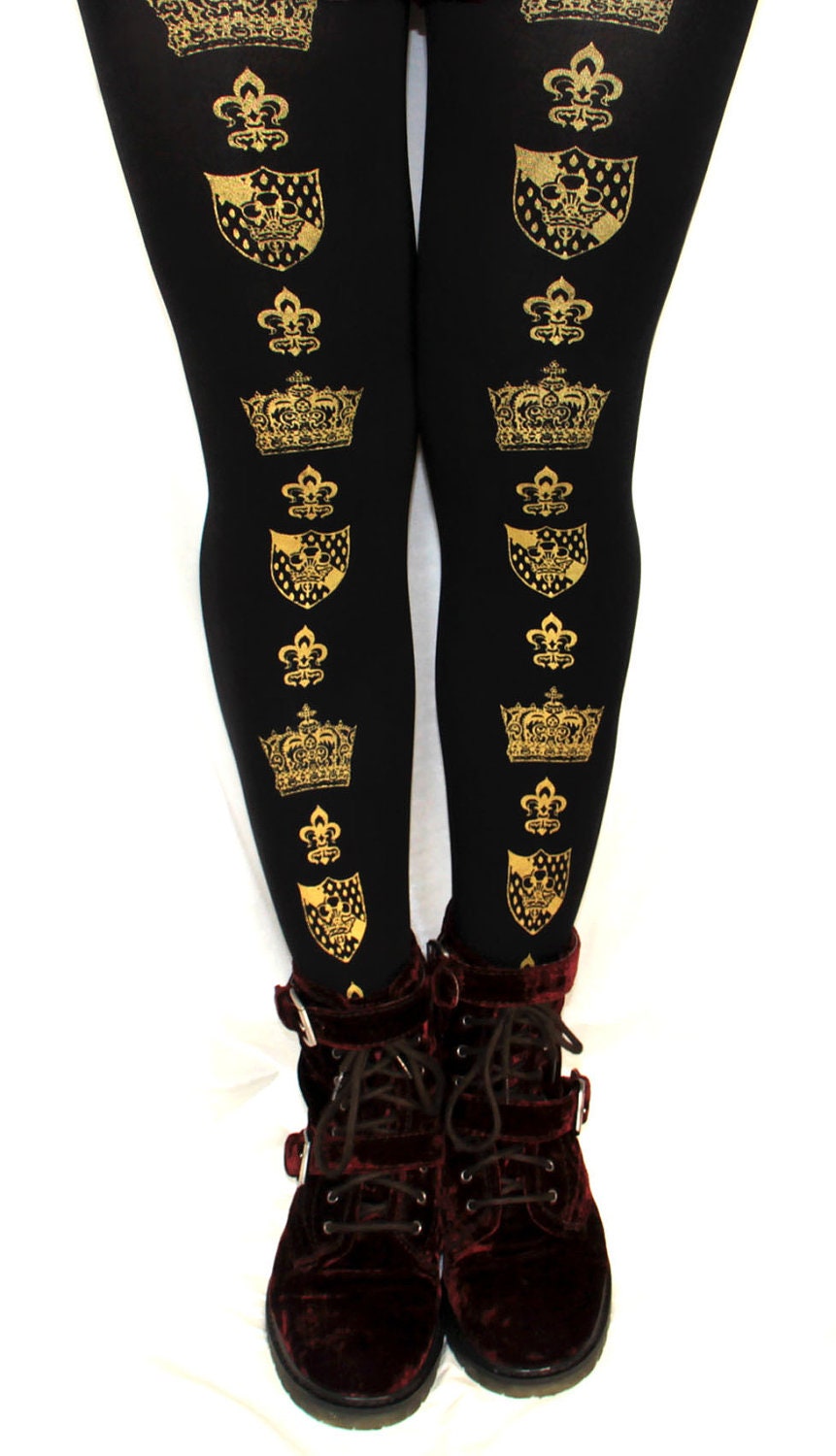 Crown Print Tights Small Medium Gold Black Printed Womens Royal Victorian Lolita