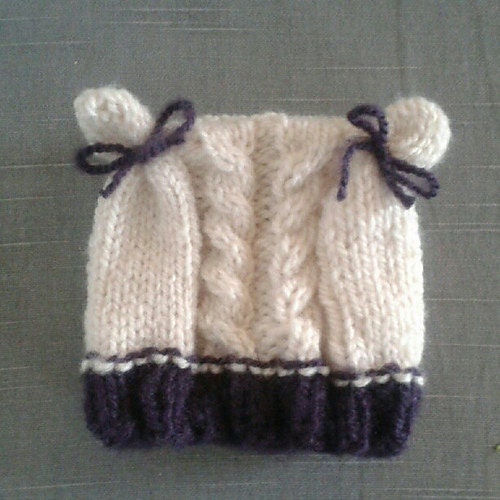 newborn cabled bear ears hat white with purple trim photo prop