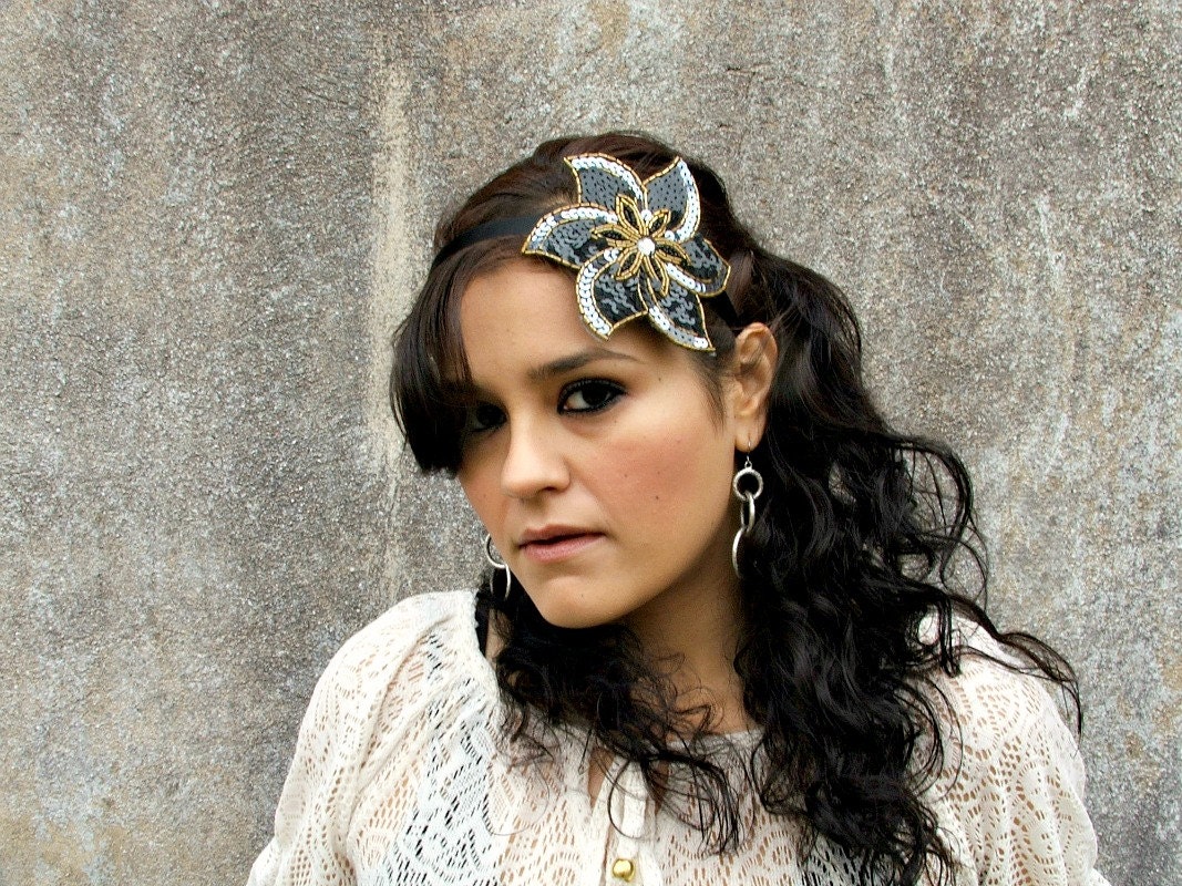 Flower Beaded Headband, Black Gold Headband, Fashion Hair Accessories For Women & Teens