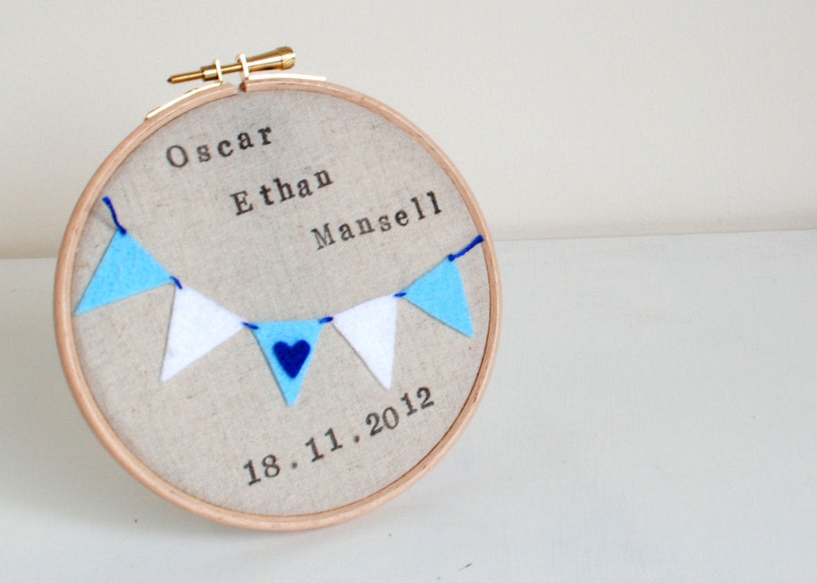 Custom Personalised Newborn Baby Boy Embroidery Hoop Wall Art  - Name, Date of Birth, Blue Bunting - Nursery Decor, New Baby Gift