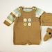 Knitted short jumpsuit with a striped sweater in nature colors. 100% cotton. READY TO SHIP in size Newborn.