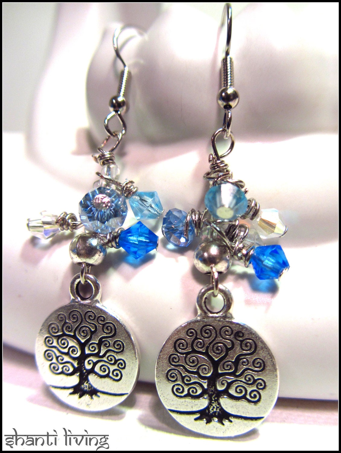 Blue Swarovski Wire Wrapped Crystals, Tree of Life Earrings
