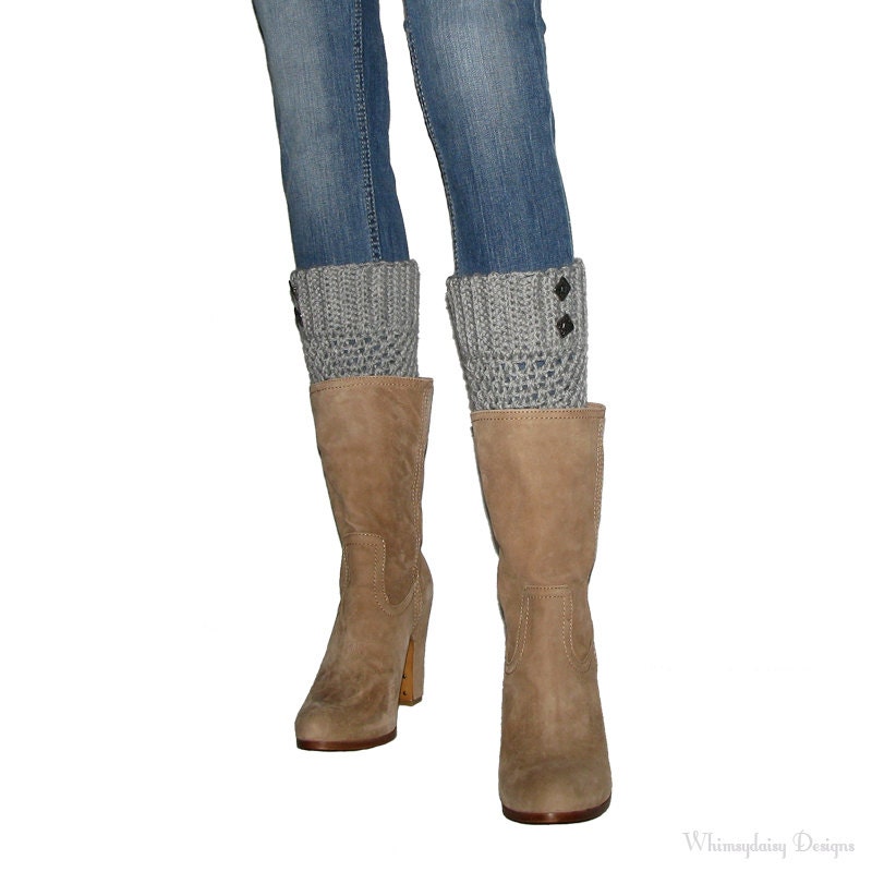 Crochet Boot Cuffs in Light Grey Leg Warmers Silver Buttons