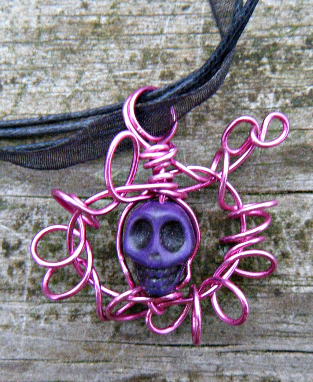 Day of the Dead Wire Wrapped Caged Carved Skull Magnesite Necklace. Purple Carved Skull Magnesite Pendant