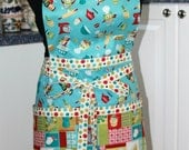 Red and Aqua Wine Drinking Baking Owls Full Apron