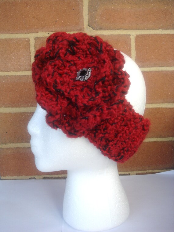 Red and Metallic Black Rib Knit headband with Crochet Flower