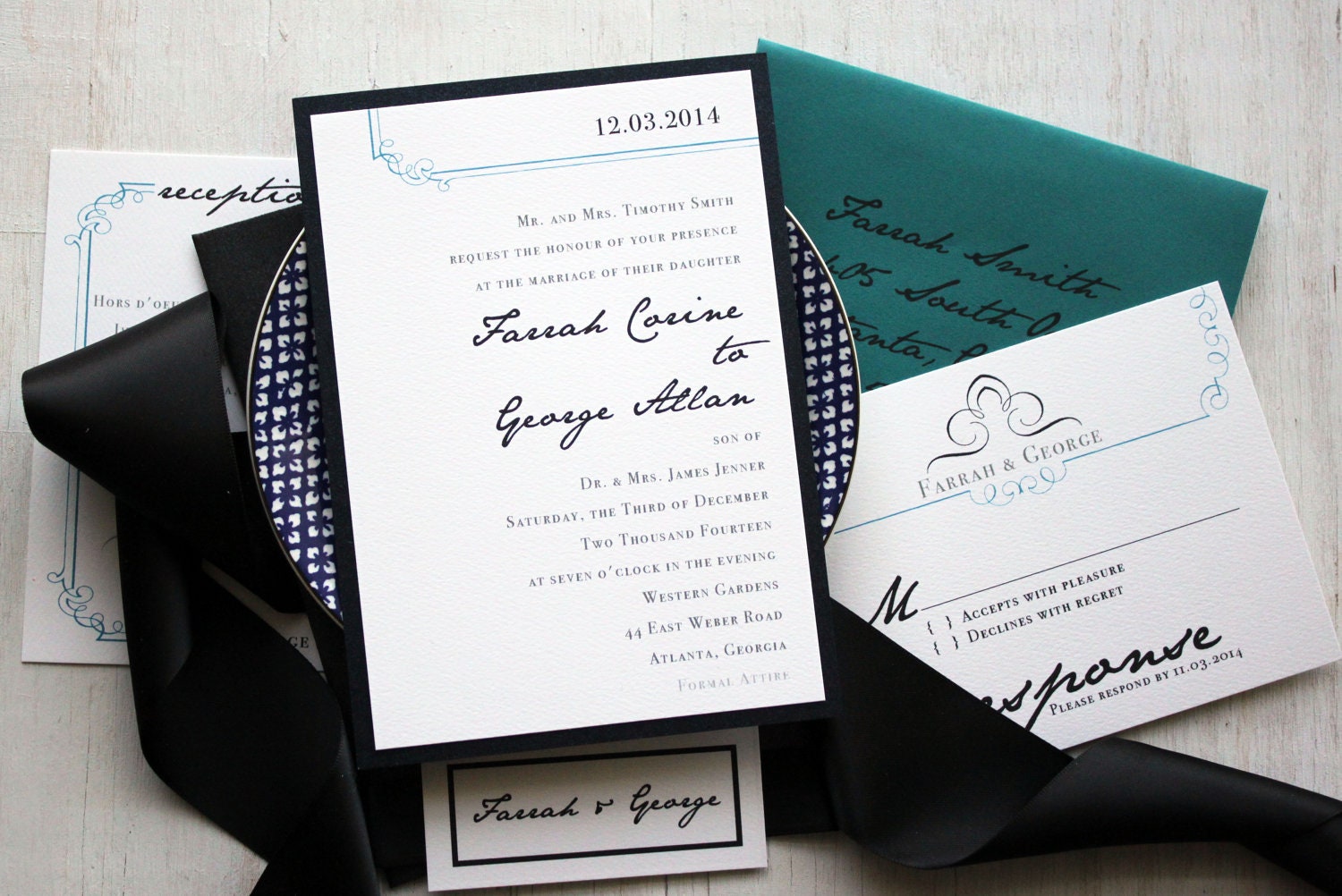 Classic Navy - Modern Wedding Invitations, Teal, Black Script - Purchase to Start the Ordering Process