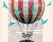 Acrylic paintings Illustration Original Prints Drawing Giclee Posters Mixed Media Art Holiday Decor Gifts:  Air balloon blue birds