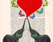 Vintage French Illustrations,1900s, wall decor, fine art print Drawing Prints Posters Acrylic Painting: Elephant heart with butterflies