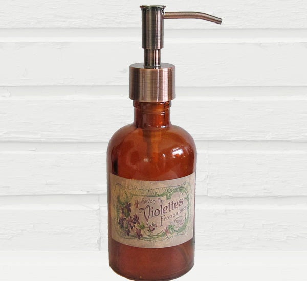 Soap Dispenser Vintage French Label Amber Recycled Glass Choose Your Pump