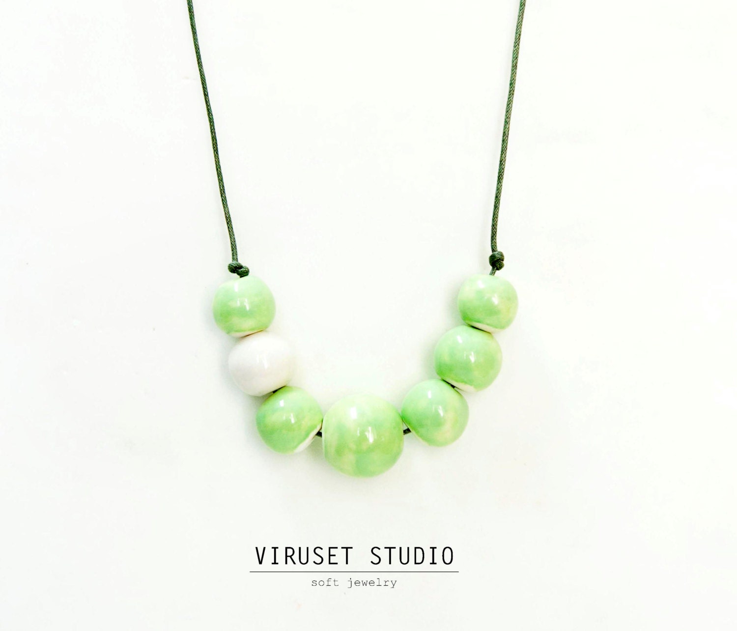 Ceramic bead necklace green  Scandinavian-inspired. Beadwork Necklaces handmade by  Viruset Studio ceramic jewelry