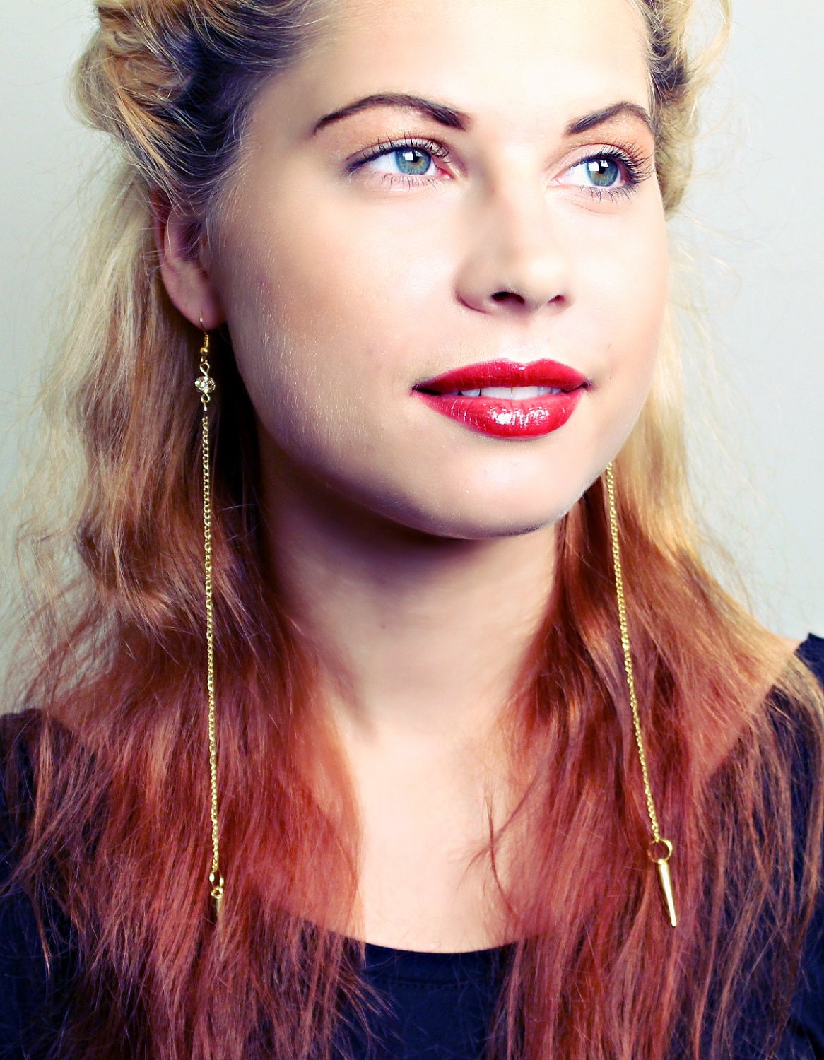 Long gold chain crystal ball earrings with dangle spike