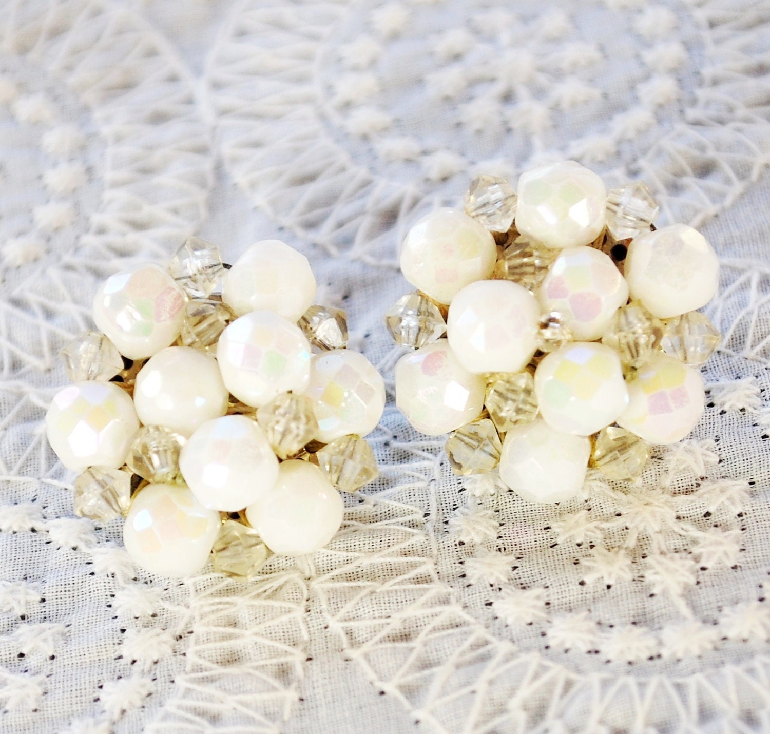 Vintage Bead Cluster Earrings, Iridescent White Faceted Glass Crysals, Clip-ons, Designer WESTERN GERMANY, 1950s 1960s Mad Men Jewelry