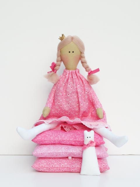 Princess and the Pea -lovely fairy tale fabric doll blonde in pink dress with a kitty handmade cloth doll stuffed doll- gift for girl