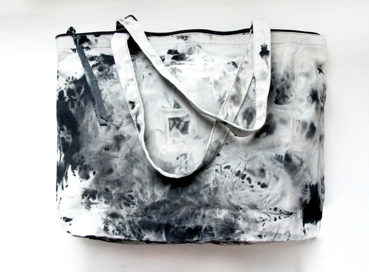 Ready To Ship. B L E A C H BLACK HAND DYED Cotton Tote Bag. Tie Dyed Market tote.