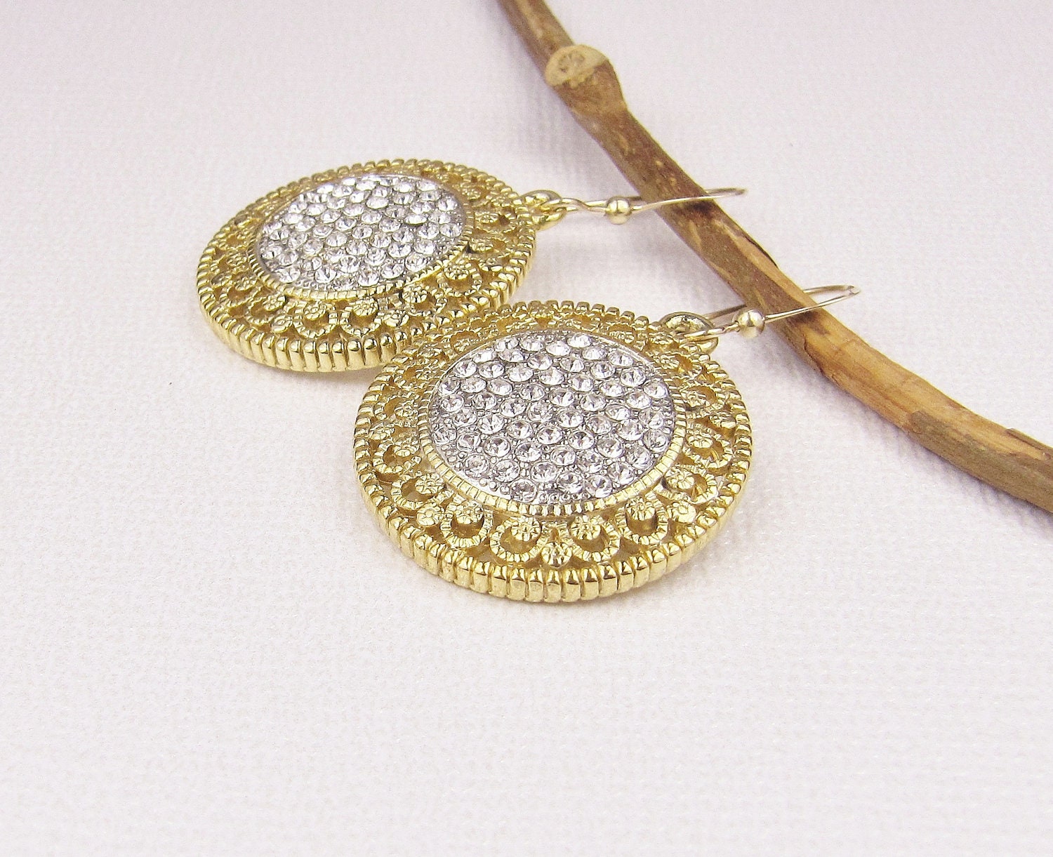Gold Crystal Earrings, Round Earrings, Drop Earrings, Filigree Earrings, Dangle Earrings, Large Earrings, Swarovski, Crystal Jewelry