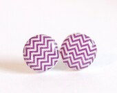 PURPLE CHEVRON - Stud Earrings - Purple and White Polymer Clay and Resin Earring Posts - Round Studs - 9mm or 11mm size
