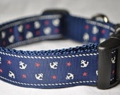 Anchors - Nautical Theme - Navy, White, and Red  1" Wide Adjustable Dog Collar - Also available as a martingale