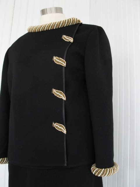 1960s 2 Piece Classic Wool Beaded Dress Skirt Suit by Marco Polo