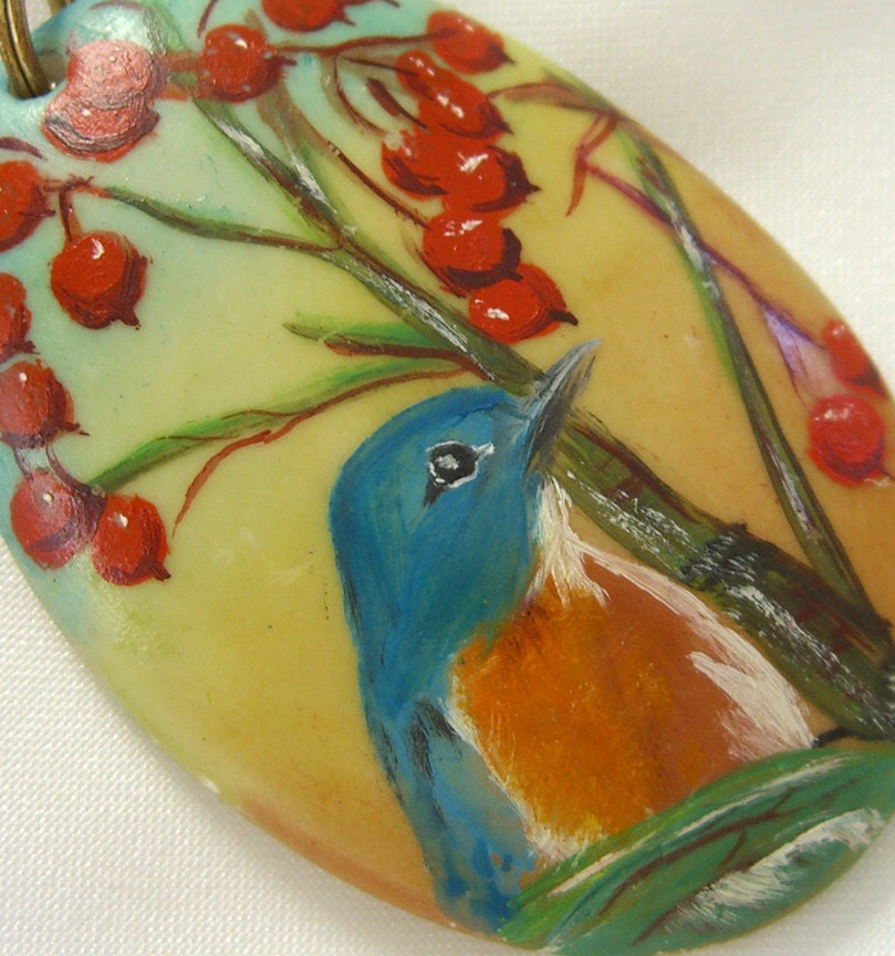 Vintage Handpainted Pendant Necklace Ceramic Bird Art 1970s
