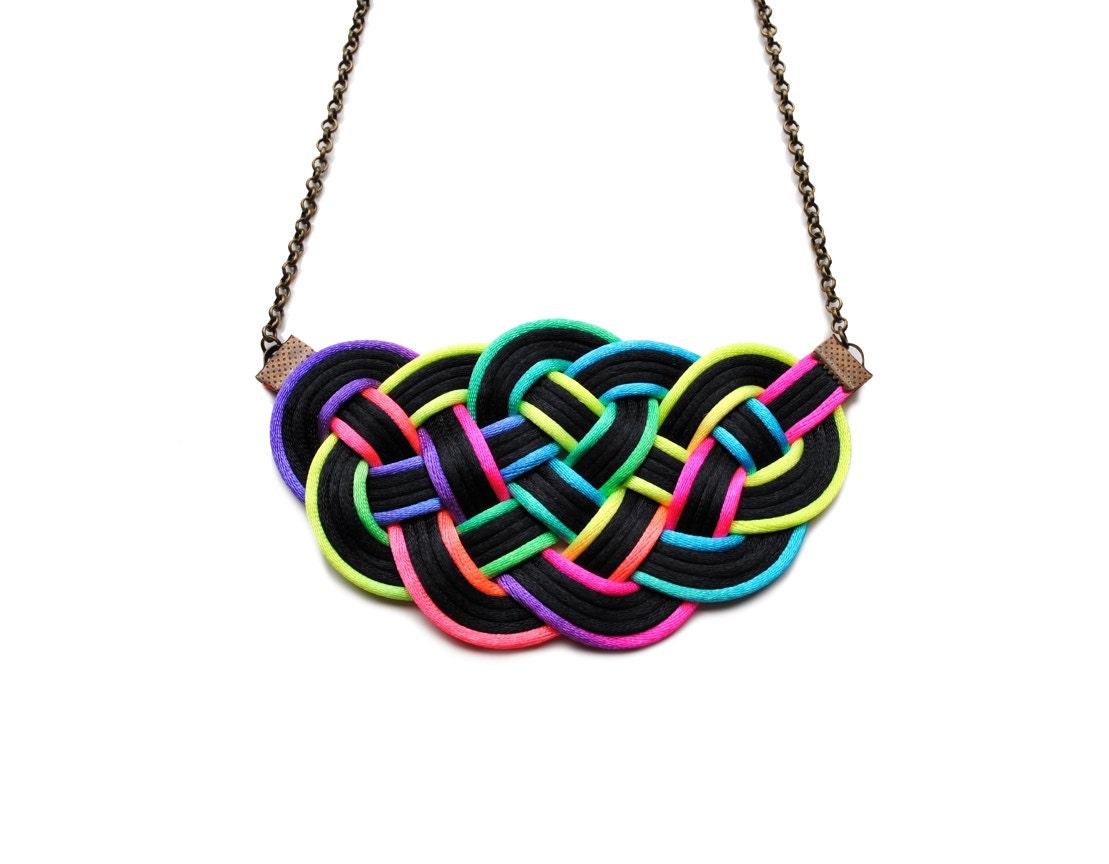 Big knot necklace, nautical style, neon, ombre, gradient, rainbow, colourful, satin cords, rope jewelry, spring, summer 2013, gift for her