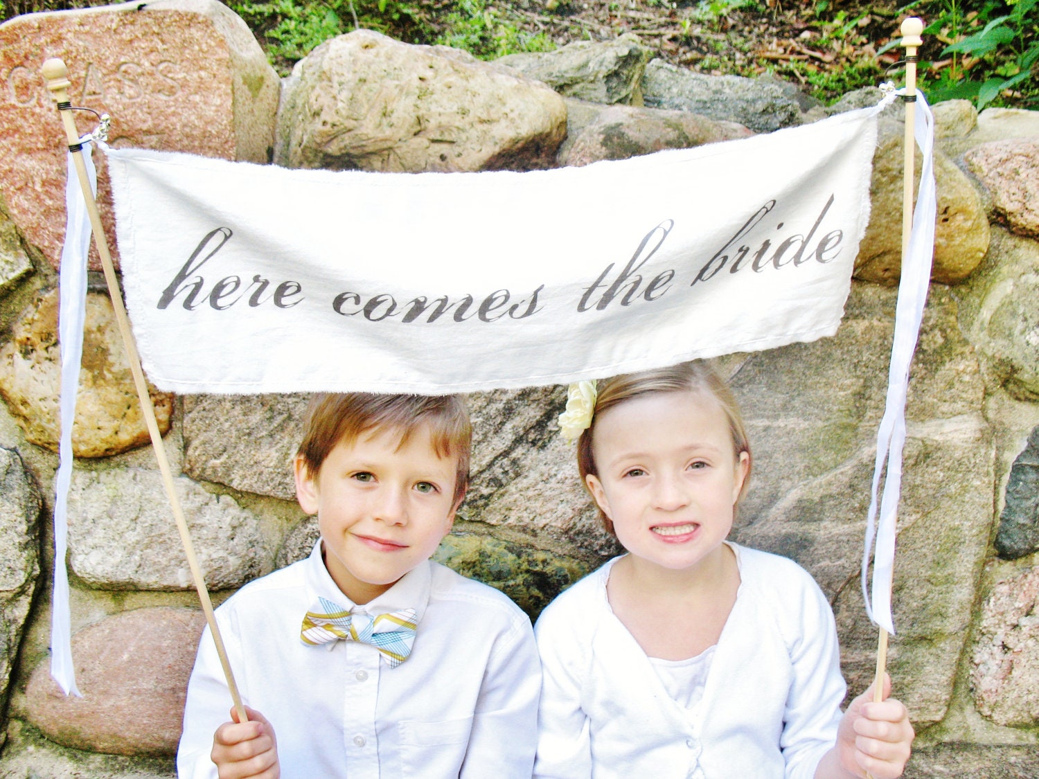 here comes the bride . LARGE . WITH BELLS . flower girl or ring bearer banner . bunting . cotton fabric sign . for a cottage chic wedding