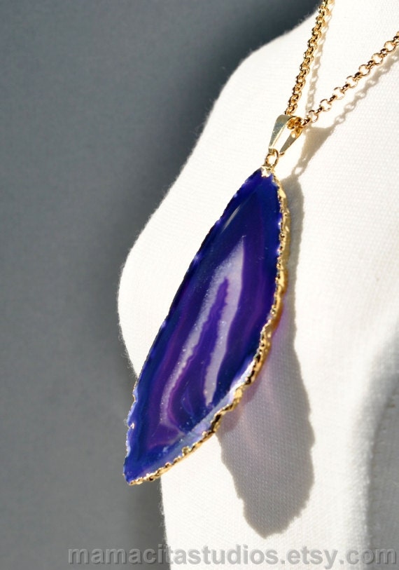 Mothers Day Sale - Large Purple Agate Druzy Slice Gold Necklace